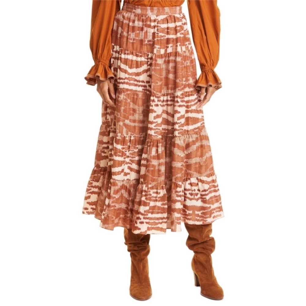 Ulla Johnson Aisa Silk Taffeta Tiered Midi Skirt Fawn Size 10 Ikat Animal Print